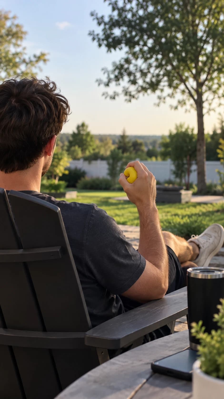 A man sitting outside in the late afternoon, squeezing a yellow squishy.