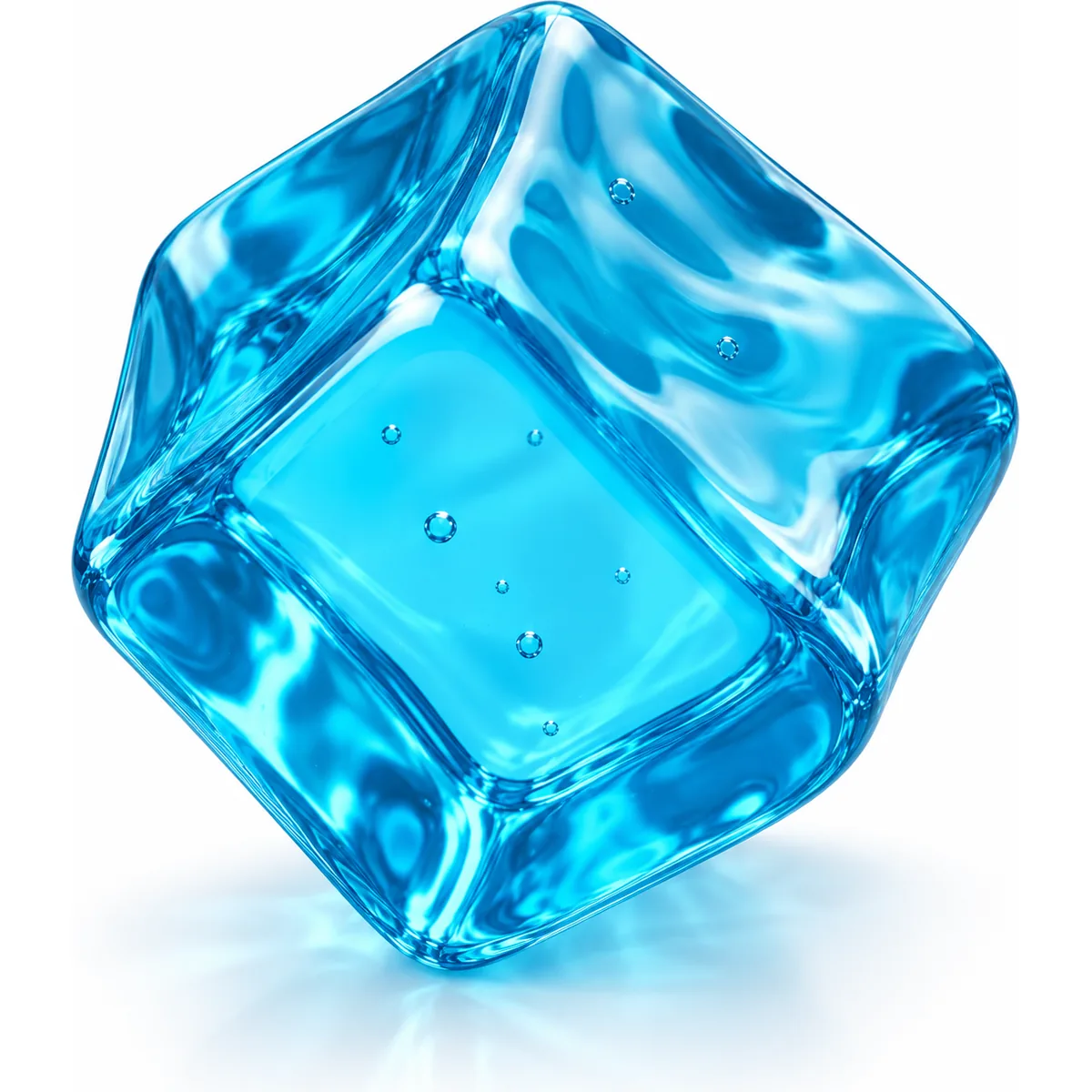 The Rounded Cube squishy tipped onto one corner: a translucent blue cube with softly rounded edges.