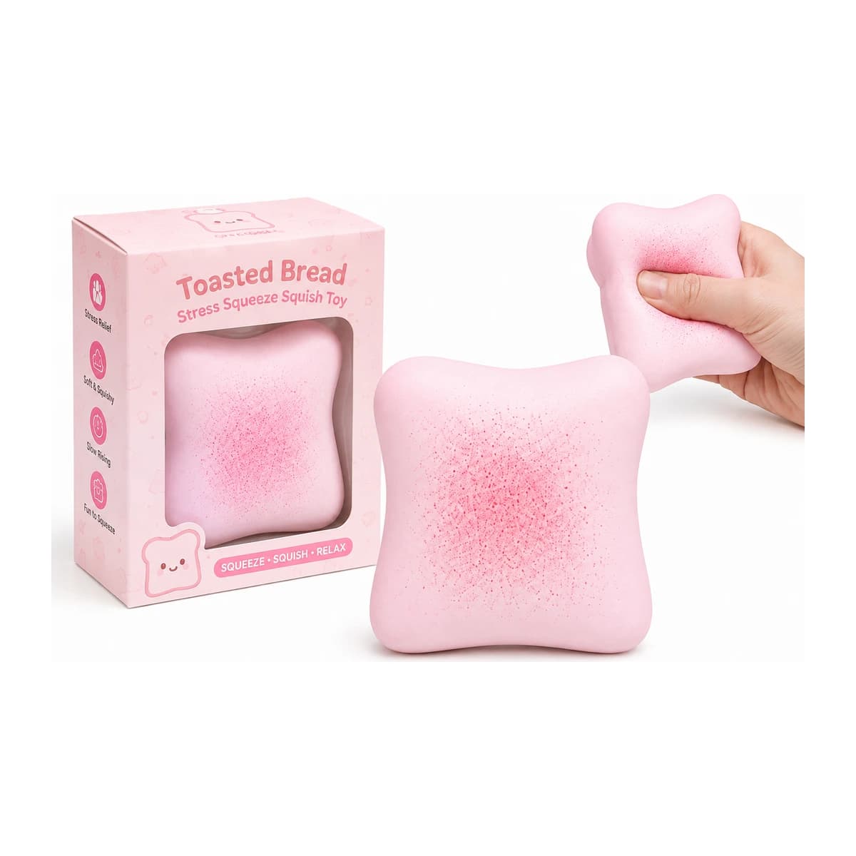 The Toasted Bread squishy beside its retail box, and a second one being squeezed in one hand.